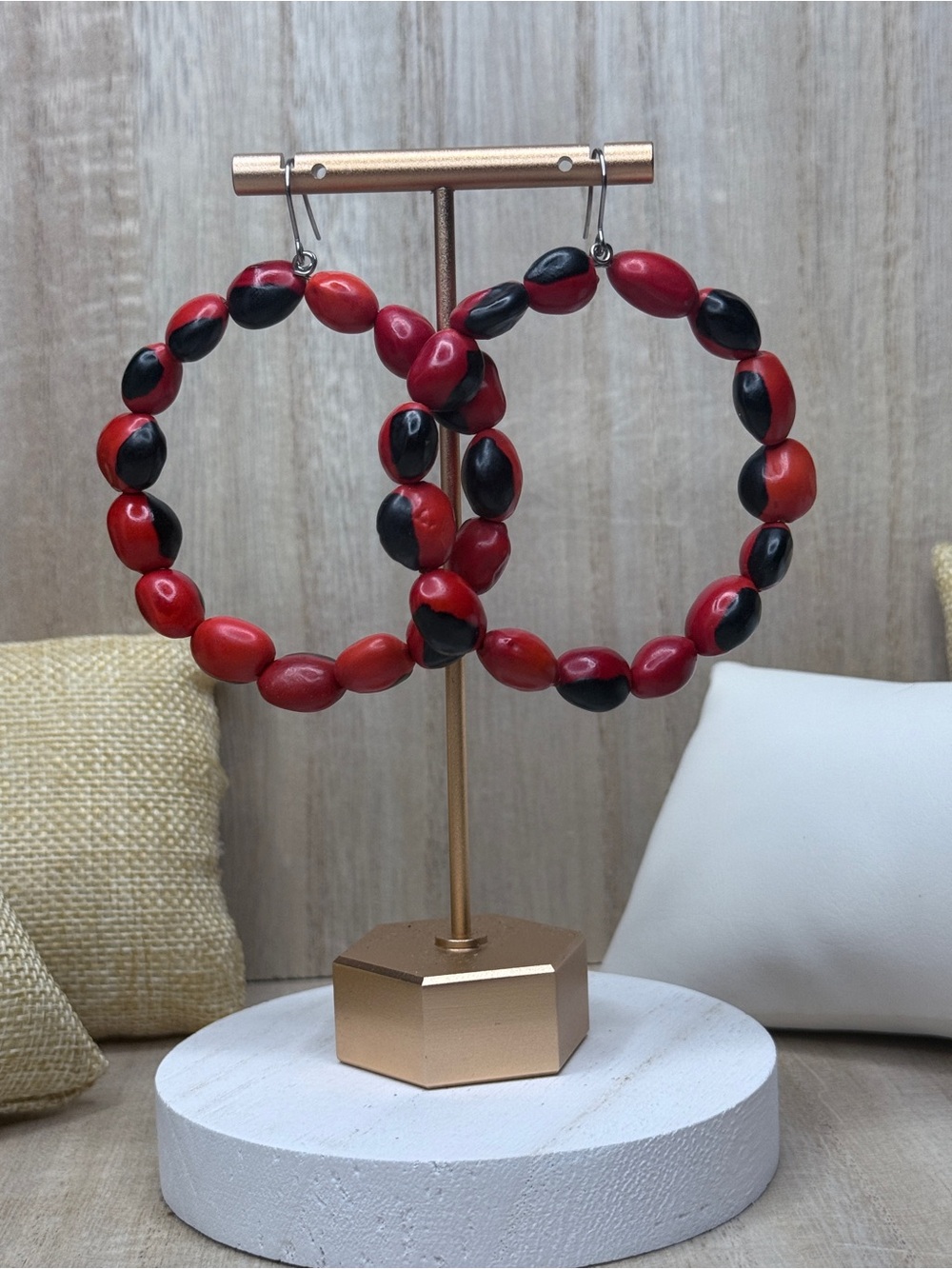 Handmade Peru Huayruro Seed Beaded Hoops Bold Boho Statement Earrings